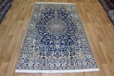 EDLER HANDGEKNÜPFTER PERSER NAIN BLAU WOLLE UND SEIDE TEPPICH 197 X 17 CM