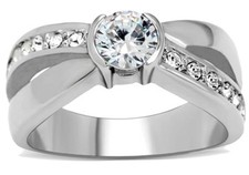 Womens Elegant High Polished Stainless Steel Round Cubic Zirconia, Choose Size