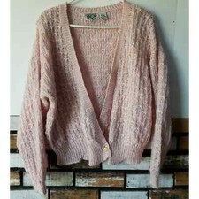 Vtg 80s Pink Ninon Fuzzy Knit Cottagecore Grandma Cardigan Sweater Size L