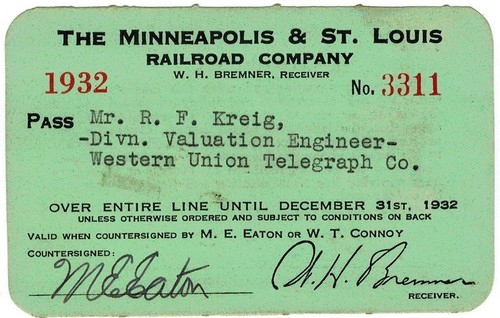 1932 "Minneapolis & St. Louis Railroad" Pass ☆☆ Western Union Telegraph Co. ☆☆