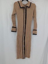 SHEIN Women's Knit Button Front Ribbed Midi Dress M Beige Black Trim