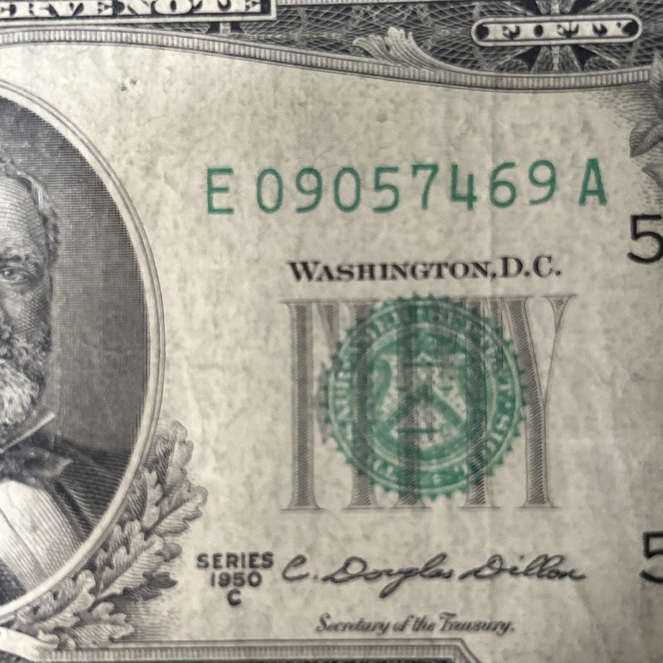 1950 C $50 FRN SN E09057469A. Error note.  - Image 4 of 4
