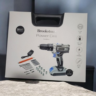 Brookstone Cordless Power Drill Set 21V, LED, Fast Charging, 29-Piece Kit, Case