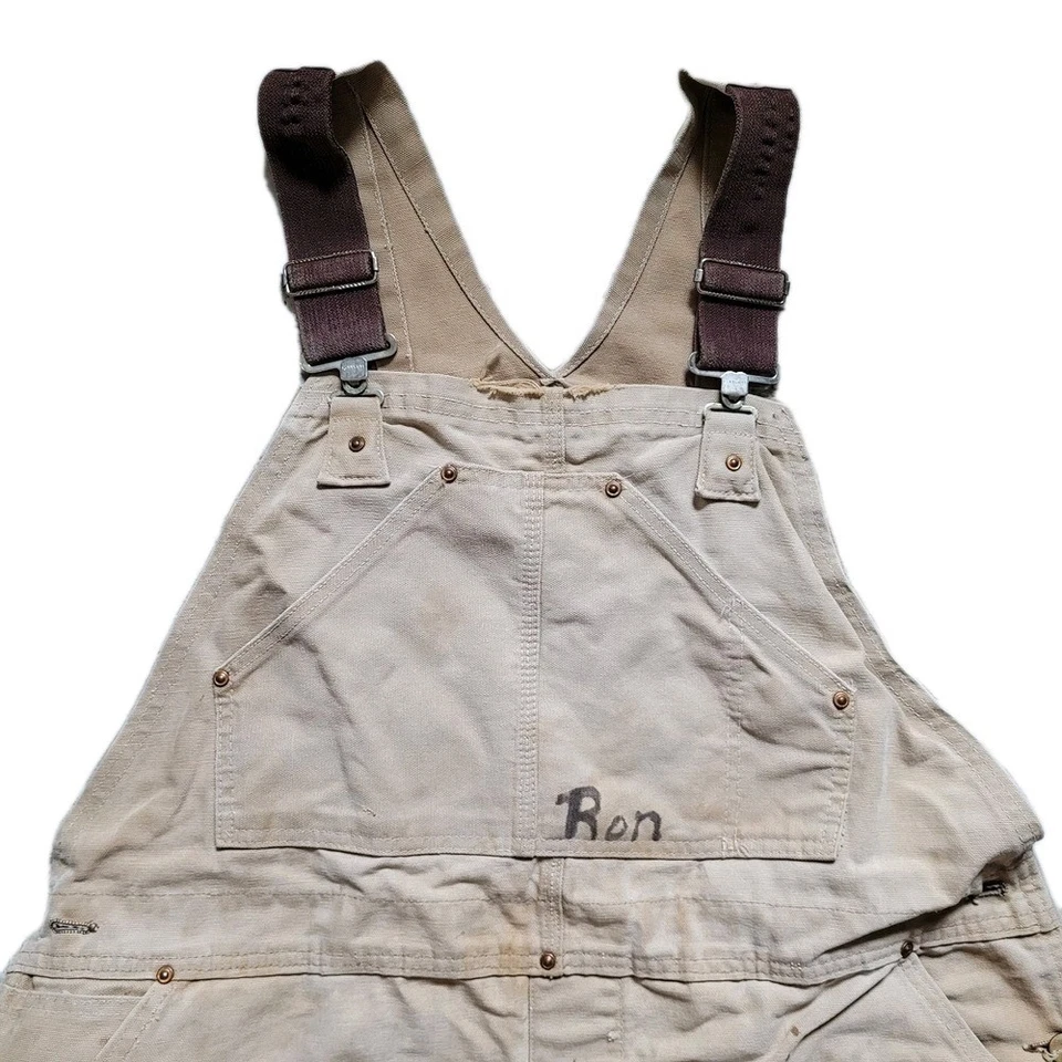 Mono Carhartt vintage años 70 para hombre 44x30 bronceado trabajo caza doble rodilla baberos granja Foto 2 de 4