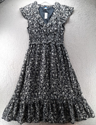 Old Navy Ditsy Floral Print Dress Womens Medium Black White Grunge Romantic NWT