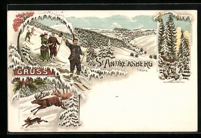 Winter lithograph St. Andreasberg in Harz, waterfall at the Oder pond, skiers 