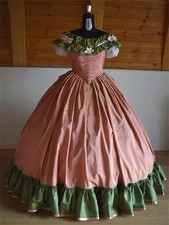 Vintage Victorian Pink Satin Ball Gown Off Shoulder Floral Trim Historical Dress