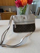 London Fog White Brown Logo Pattern Shoulder Bag Silver Hardware for Women