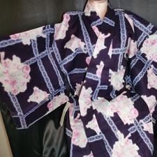 Navy Blue Rose Lace Womens Yukata Kimono Floral Summer Japan Vintage Rare Retro