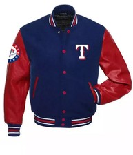 MLB Texas Rangers Varsity Jacket – Red / Blue Wool & Leather Bomber Style Coat