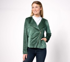 Isaac Mizrahi Live Crushed Velvet Zip Front Moto Jacket Deep Pine Green M New