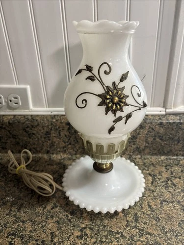 VTG Milk Glass Night Light Hurricane Electric  Lamp W/Enameled Flower ShadeWorks