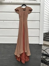30s Vtg Bias-Cut Silk Chiffon Gown Flutter Sleeves Sheer Overlay Rust Lining XXS