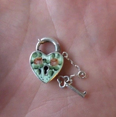 Vintage Walter Lampl Sterling Silver Guilloché Enamel Heart Padlock Charm Rose