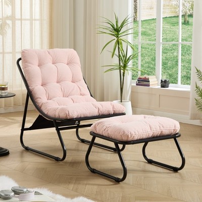 Patio Outdoor Lounge Chair with Ottoman Pink Black Frame Sling Chair