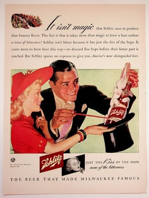 1942 Schlitz Beer Vintage Ad Magician Rabbit Kiss of Hops Milwaukee