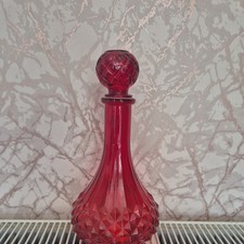 Vintage Ruby Red Clear Diamond Point Glass Decanter With Stopper Genie Bottle