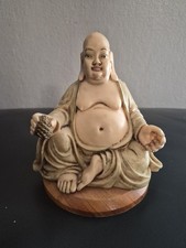 Vintage Chinese Resin Buddha Holding Pine Cone on Wooden Base Figurine