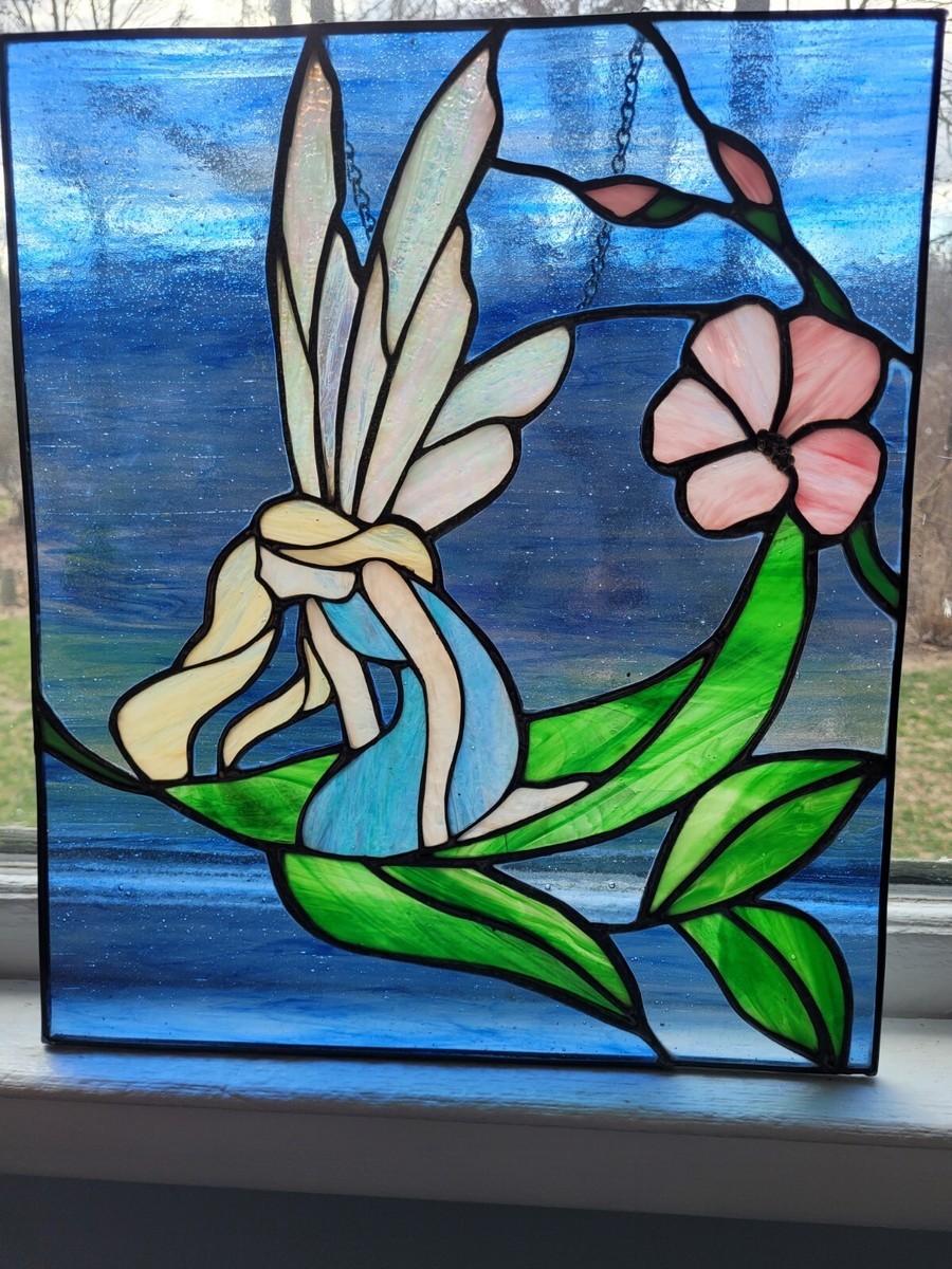 【希少】ヴィンテージ ART glass STENHYTAA W.W. Stained Glass Window Hanging Studio Made Fairy Sitting On
