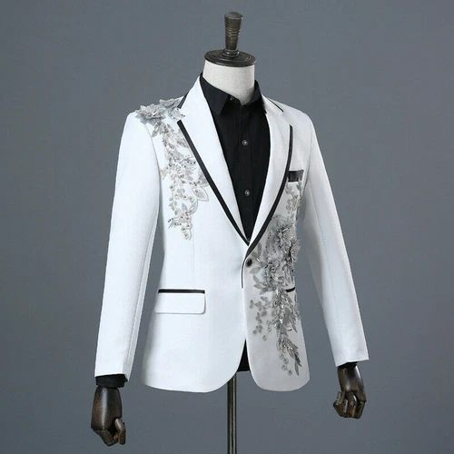 Herren 3D Kristall Strass Blazer Jacke Hochzeit Stickerei Kleid Anzug Mäntel - Bild 4 von 44