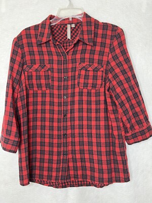 Brina Erin Women's Medium Red Black Plaid Woven Button Up Long Sleeve Blouse