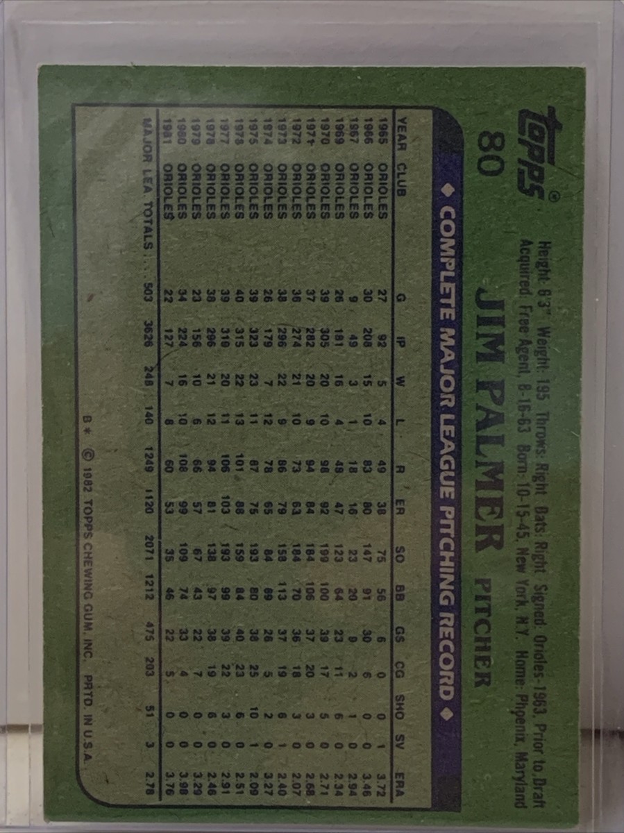 1982 Topps Baltimore Orioles Baseball Card #80 Jim Palmer | eBay