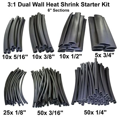3:1 Heat Shrink Tubing Adhesive Dual Wall Starter Kit - 160 Pieces - 6'' Sections