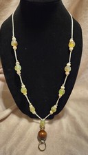 Artisan Frosted Sea Glass Necklace Round Green Beads Wood Pendant Deco Coastal