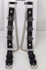 Women Men Boot Chain Pair Black Faux Leather Shoe Straps Rose Flower Biker Pair
