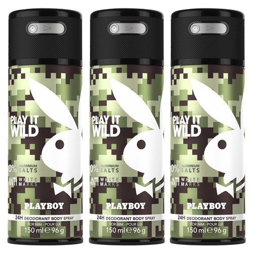 3x Playboy Play It Wild 150ml Deodarant Spray 24h Body Odor Control for Men/Him - Picture 2 of 2