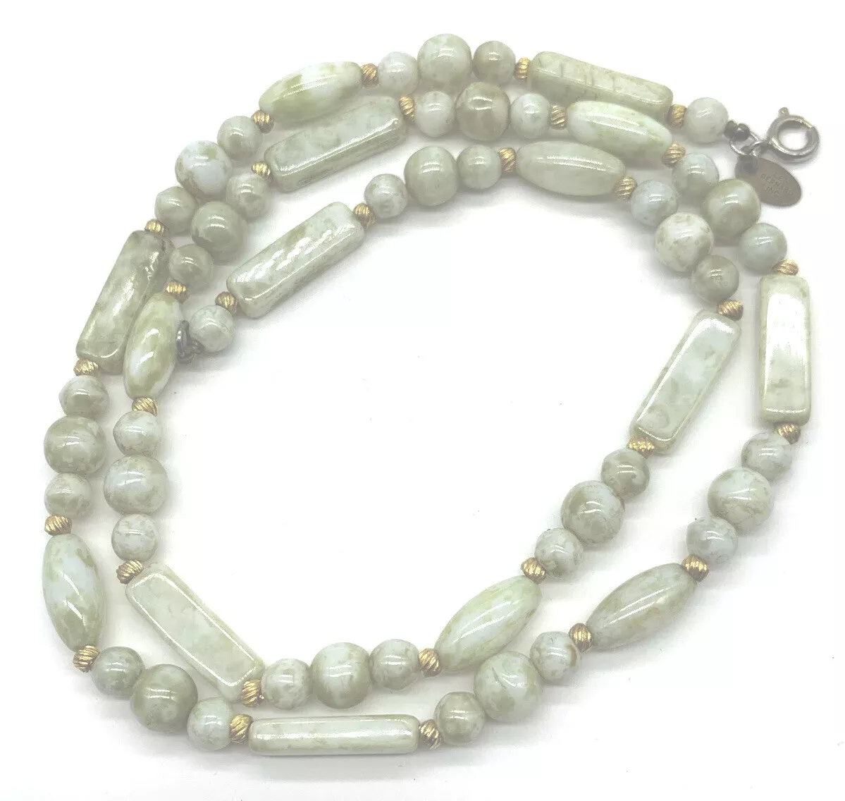 Vintage Les Bernard Necklace Green Marbled Bead Fluted Gold Plate