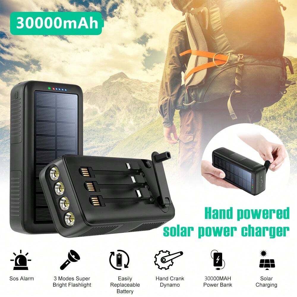 30000mAh Solar Power Bank with Hand Crank and Built-In Cables