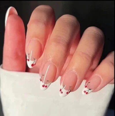 24pcs Glossy Medium Almond Nails | Blue French Tip With Red Cherry Design