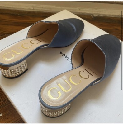 Authentic GUCCI Closed Toe Blue Satin Mules w Crystal Heels, Women