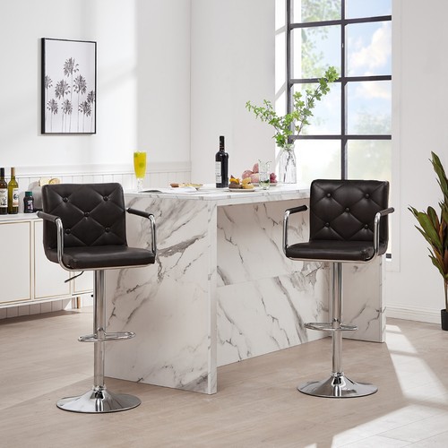 Bar Stools Set of 2 Adjustable Swivel Counter PU Leather with Back Armrest Stool - Picture 37 of 45