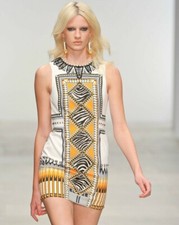 HOLLY FULTON White Cotton Aztec Print Open Back Dress UK10   6