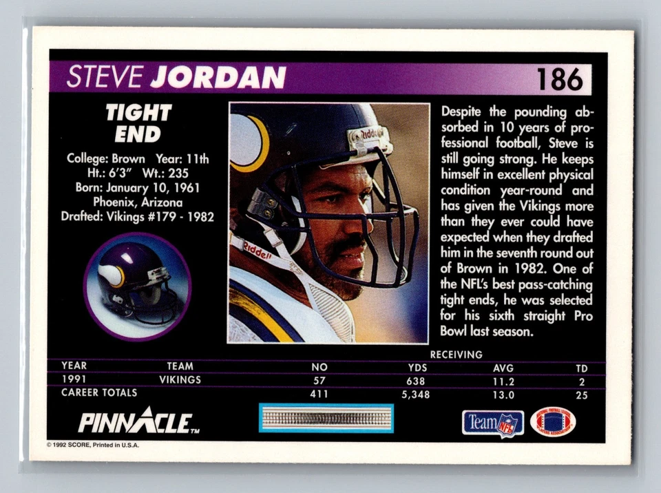 1992 Pinnacle - Steve Jordan #186 - Image 2 of 2