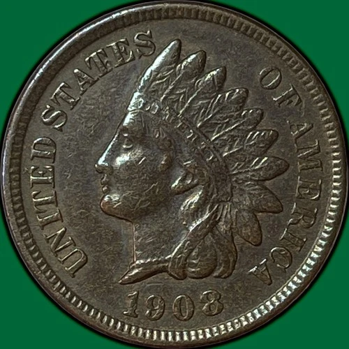 1908 Indian Head Cent Almost Uncirculated AU Coin, Cleaning #34546