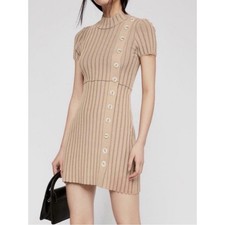 Free People Womens Dress Beige Tan Lottie Rib Knit Button Sweater Dress Sz Large