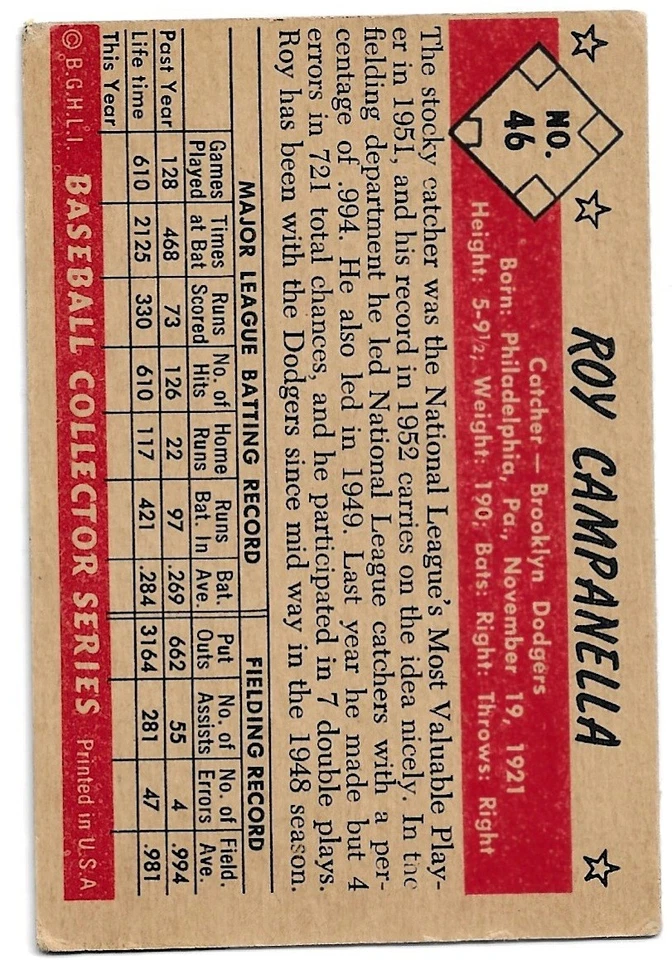1953 年 Bowman Color 棒球 46 Roy Campanella 布鲁克林/洛杉矶道奇队名人堂状况极佳 — 第 2/2 张图片