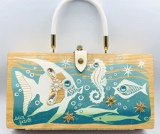 MINT Vtg Enid Collins of Texas Wood Purse Box Bag-Sea Fare-Seahorse Fish-blue