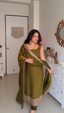 Exclusive Silk Olive Green Salwar Kameez With Dupatta For Traditional Wear