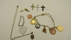 Vintage Jewelry Lot Costume-3 Crosses, 4-H Necklace, Sorority Pin, Charm Brac.
