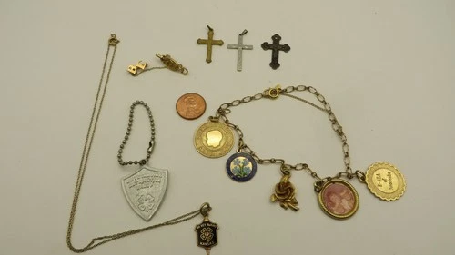 Vintage Jewelry Lot Costume-3 Crosses, 4-H Necklace, Sorority Pin, Charm Brac.