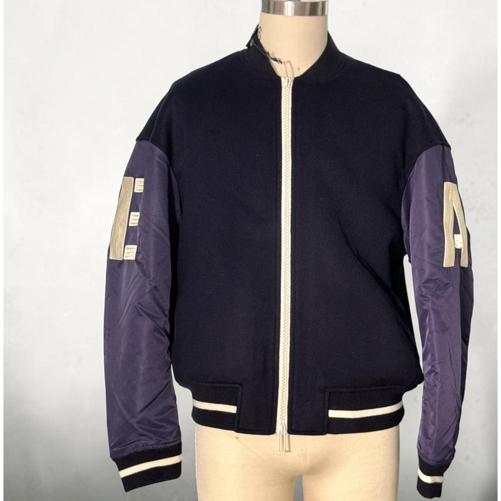 Emporio Armani Navy Blue Wool Blend Bomber Jacket Letter Patches 6L1BL8 Men IT52 - product detail image 7