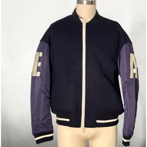 Emporio Armani Navy Blue Wool Blend Bomber Jacket Letter Patches 6L1BL8 Men IT52 image 7