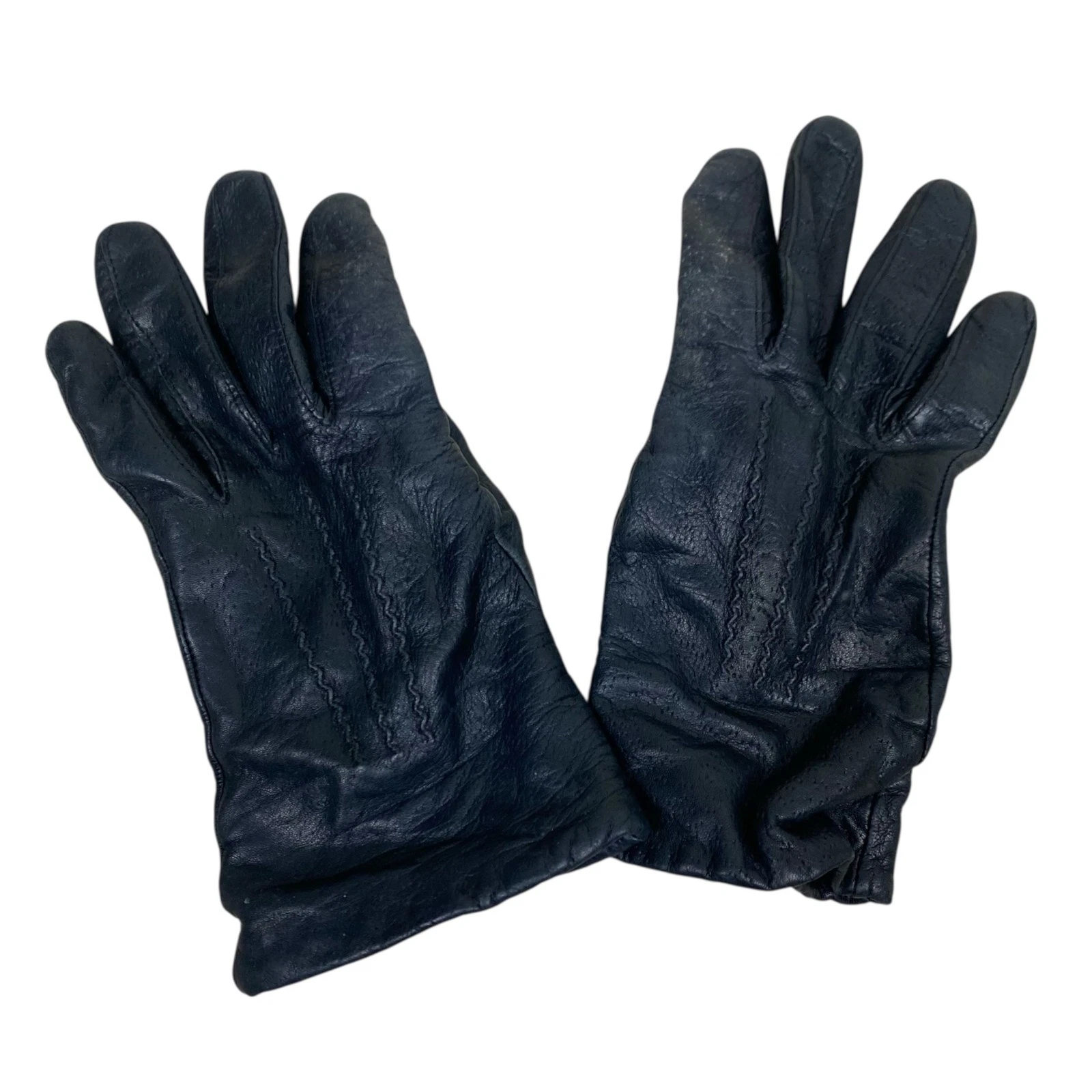 VINTAGE 60s/70s Black Leather Gloves S Men Fleece Lined 1960s 1970s