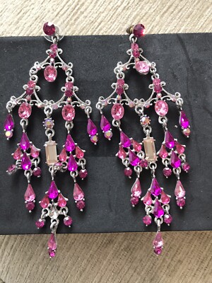 Earrings Fuchsia Pink And Soft Pink Crystal On Silver Base. Minor Stone Missing.