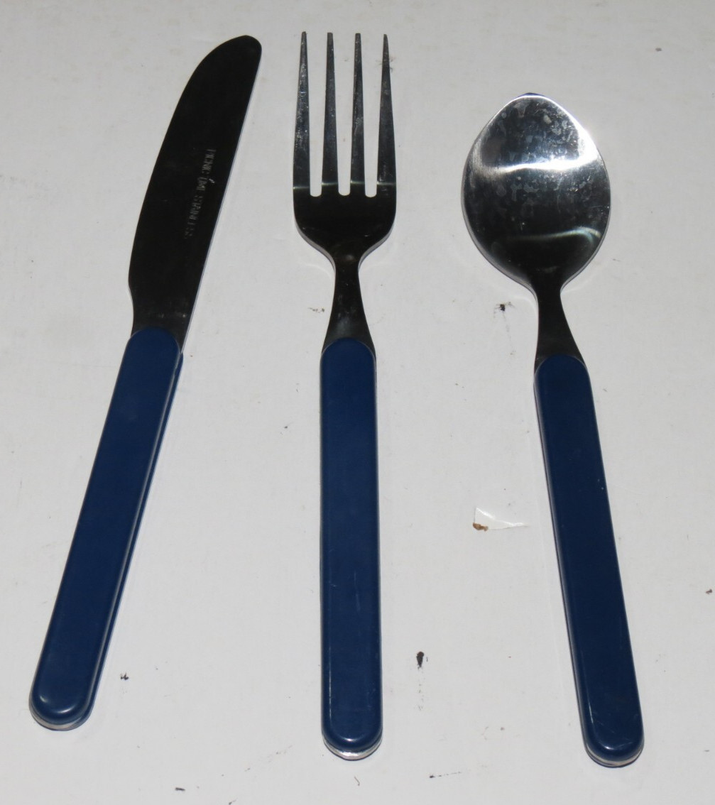 w6 Picnic Time Stainless DARK BLUE Plastic Handle Butter Knife Fork Spoon 4 Sets