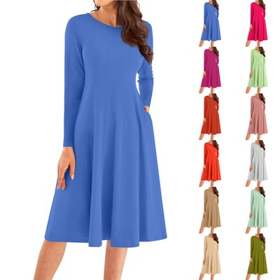 Womens Ladies Plain Jersey Swing Dress Casual Long Sleeve Midi Dresses Skater  